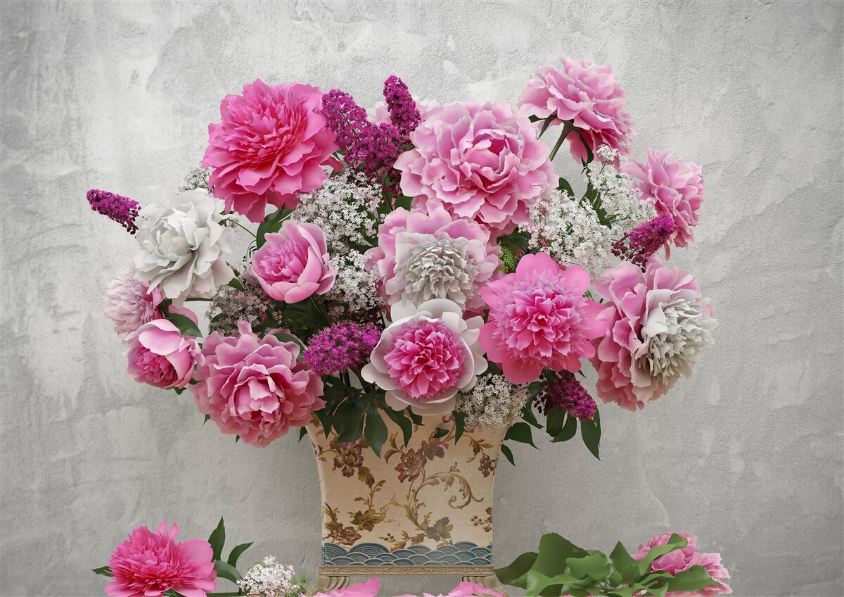Carta da parati composizione di margherite bianche e fiori di lillà