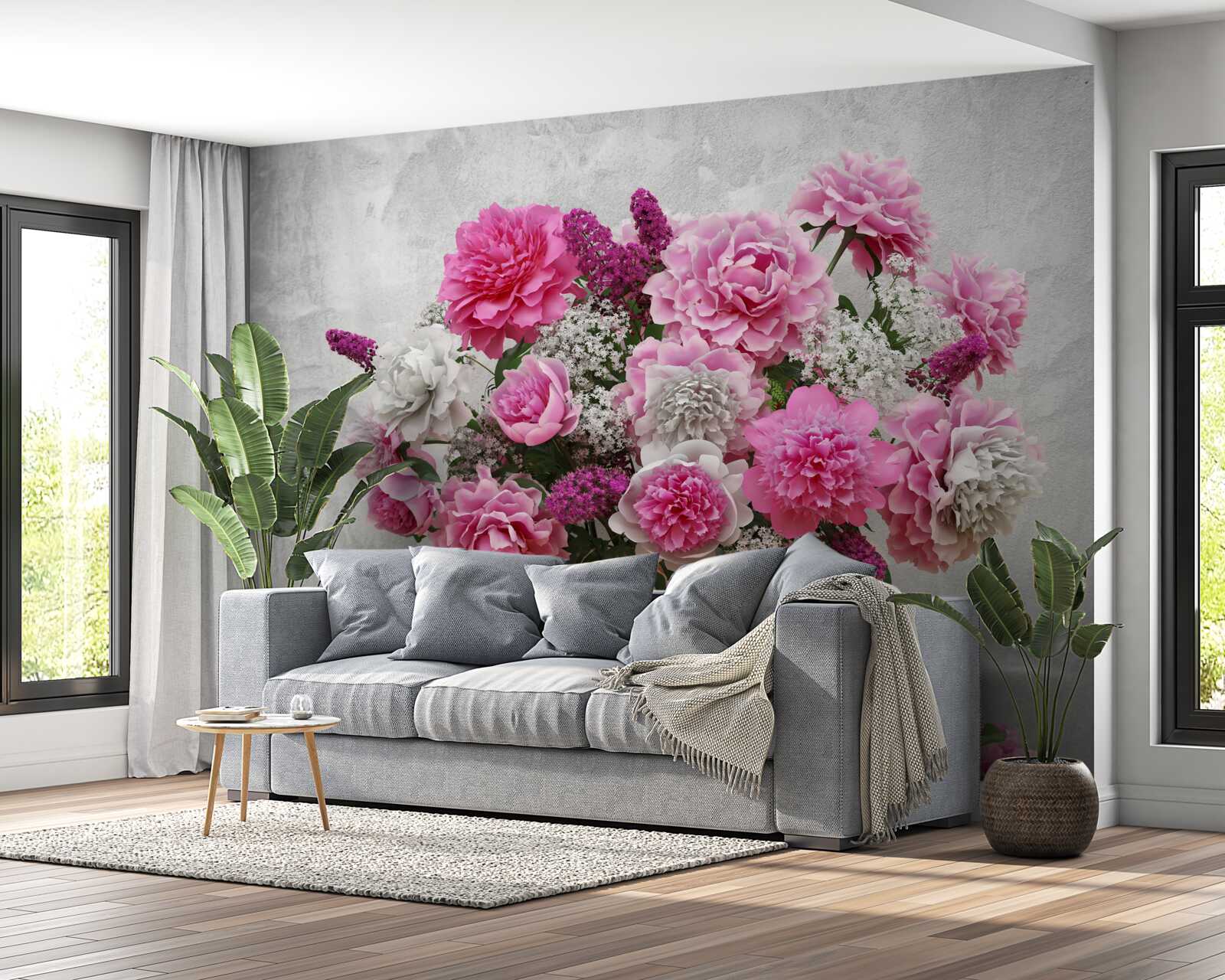 Carta da parati composizione di margherite bianche e fiori di lillà