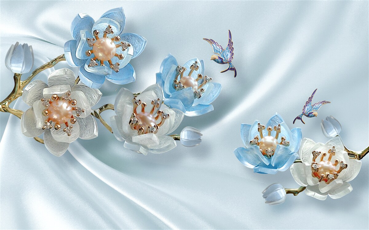 Carta da parati ramo di magnolia decorato con perle e oro su sfondo di seta