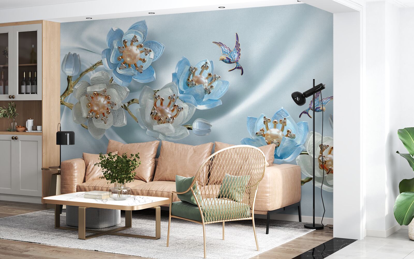 Carta da parati ramo di magnolia decorato con perle e oro su sfondo di seta