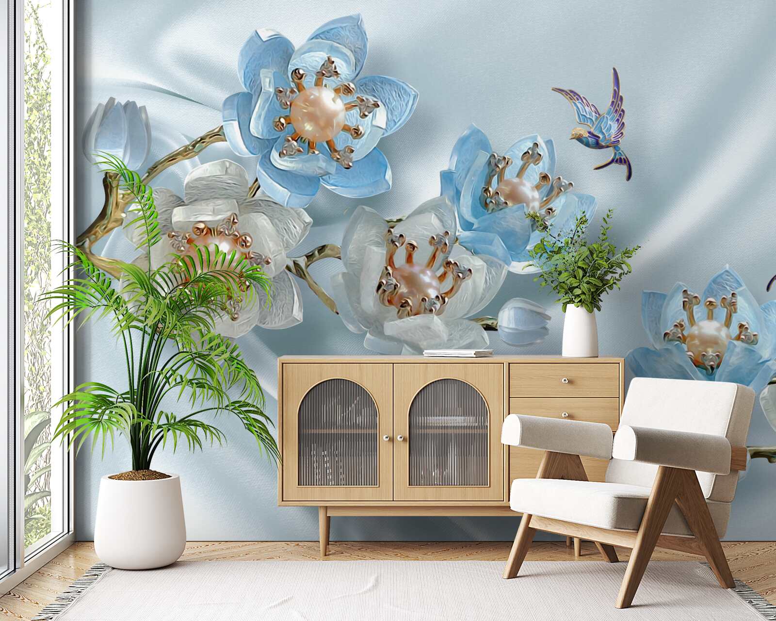 Carta da parati ramo di magnolia decorato con perle e oro su sfondo di seta