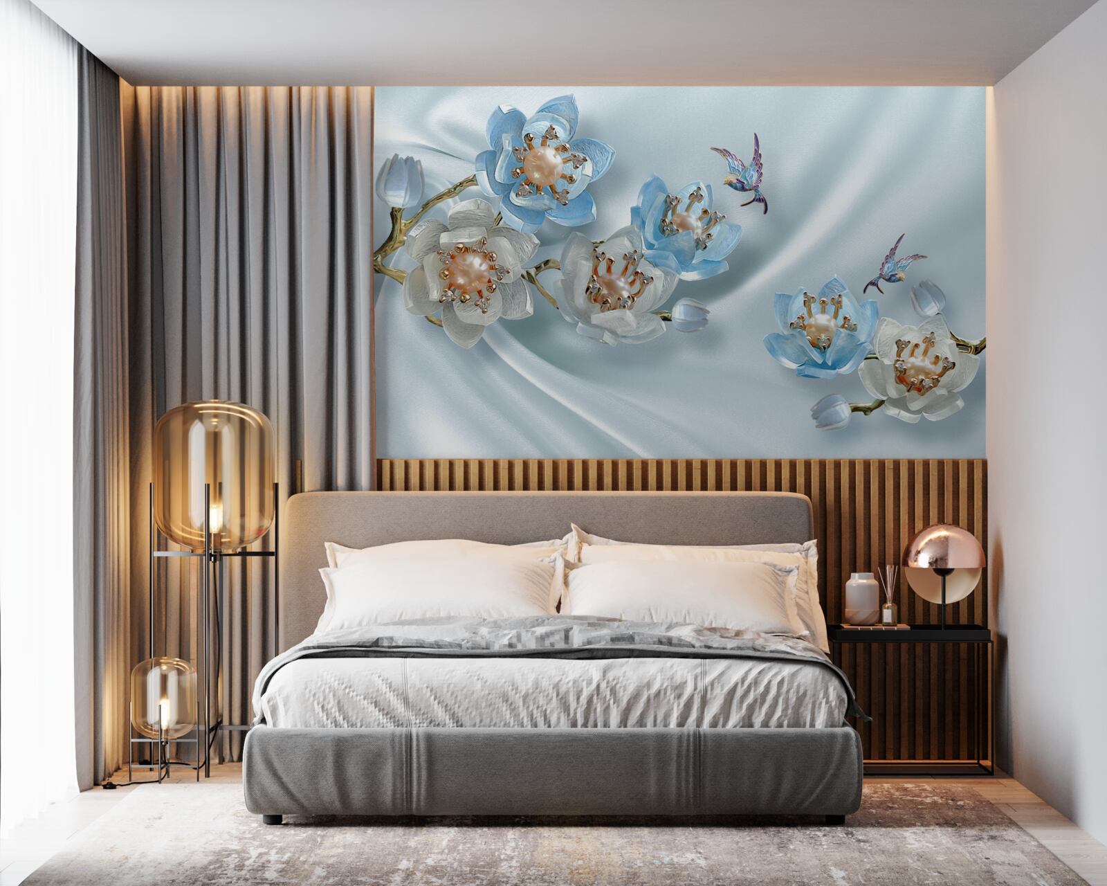 Carta da parati ramo di magnolia decorato con perle e oro su sfondo di seta