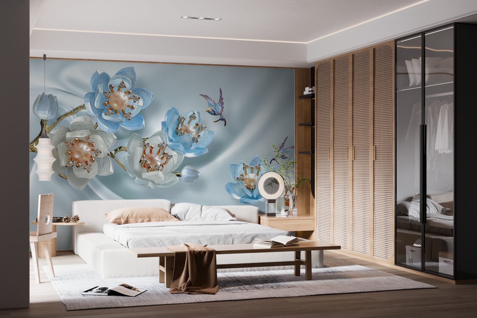 Carta da parati ramo di magnolia decorato con perle e oro su sfondo di seta