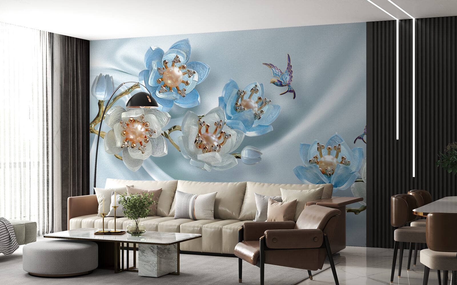 Carta da parati ramo di magnolia decorato con perle e oro su sfondo di seta