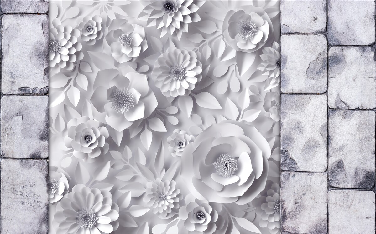 Carta da parati fiori tridimensionali multicolori su sfondo di mattoni