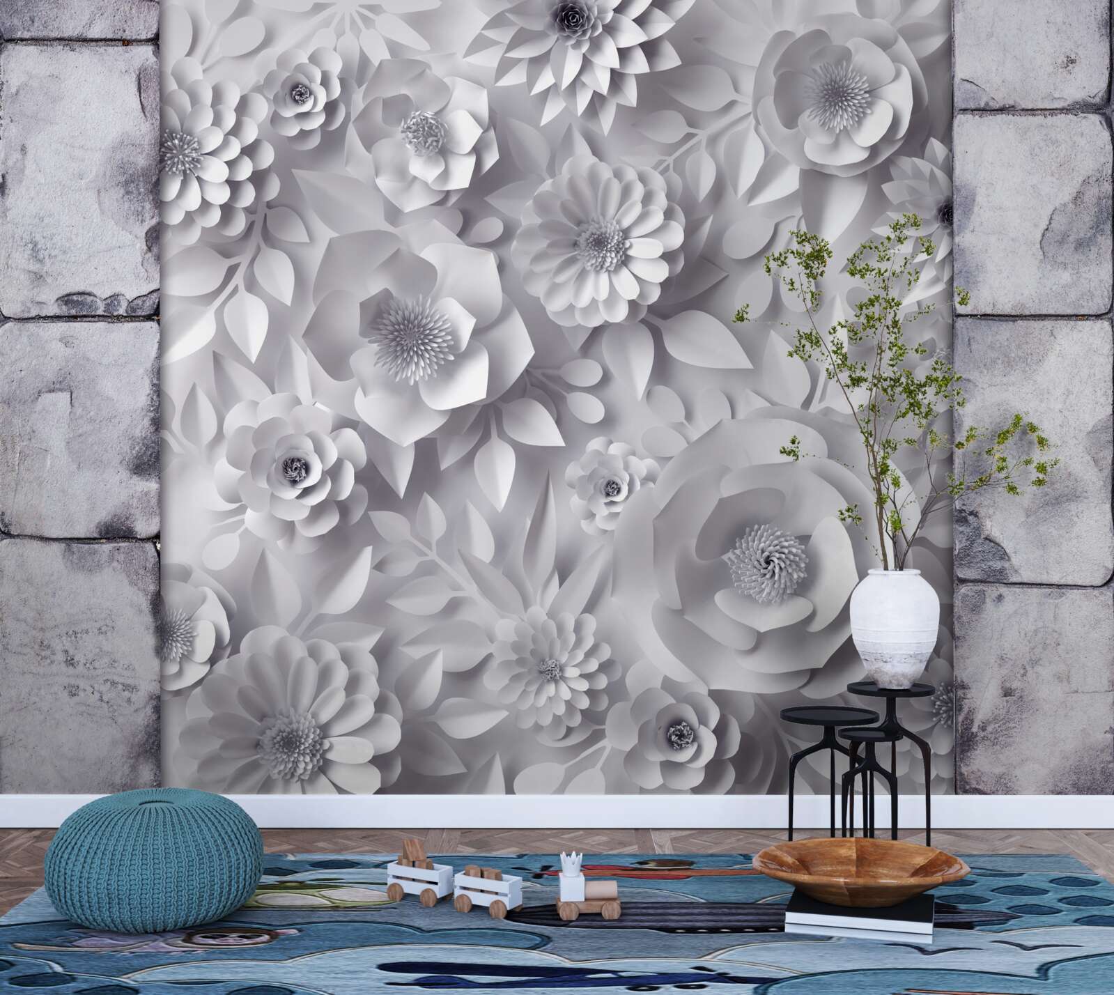 Carta da parati fiori tridimensionali multicolori su sfondo di mattoni