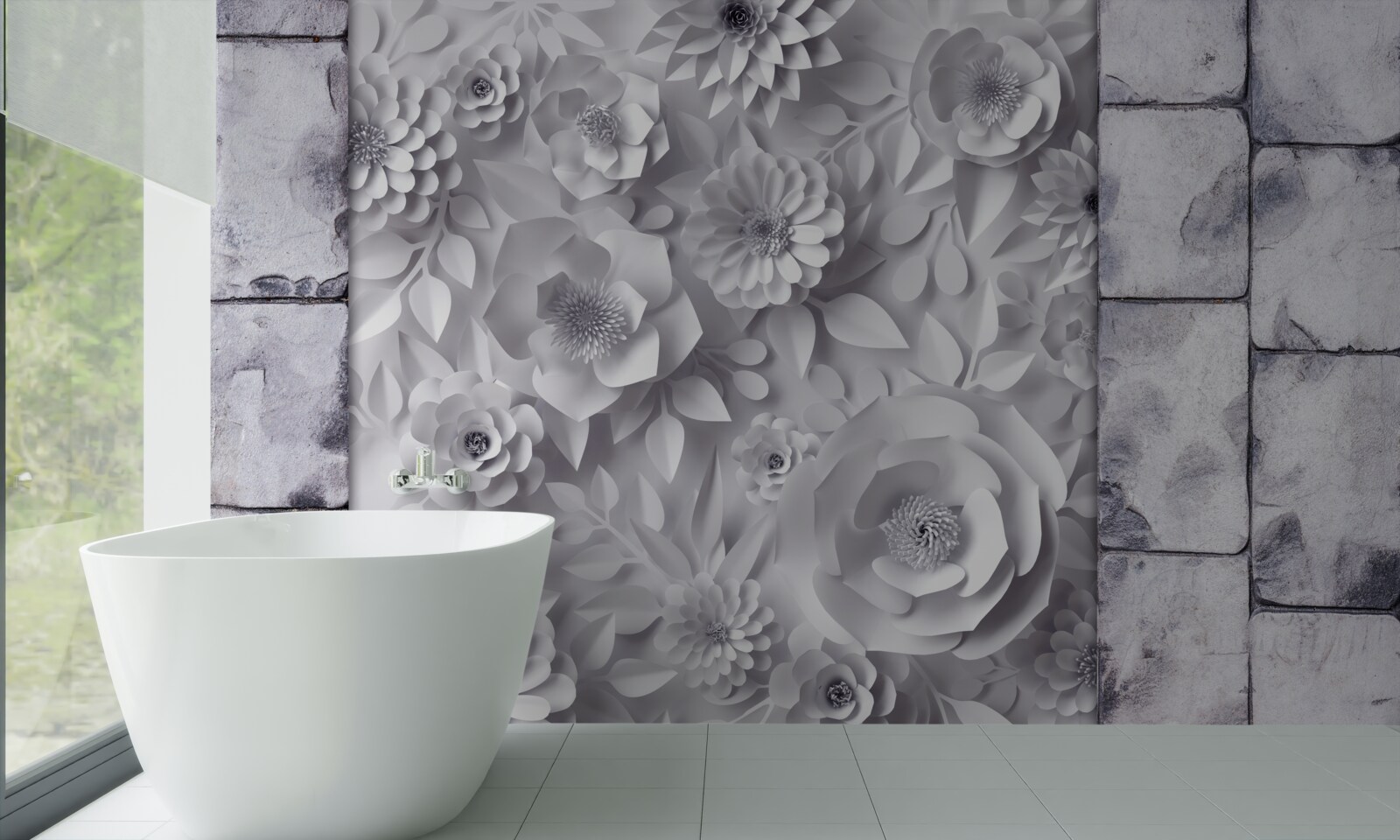 Carta da parati fiori tridimensionali multicolori su sfondo di mattoni