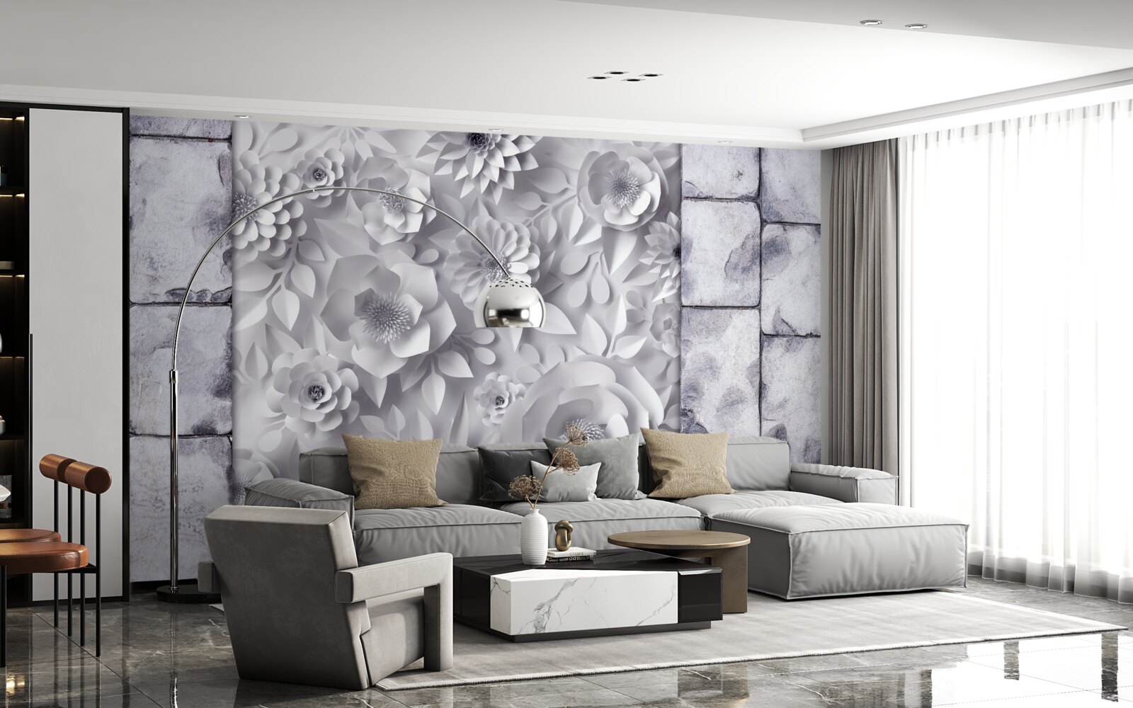 Carta da parati fiori tridimensionali multicolori su sfondo di mattoni