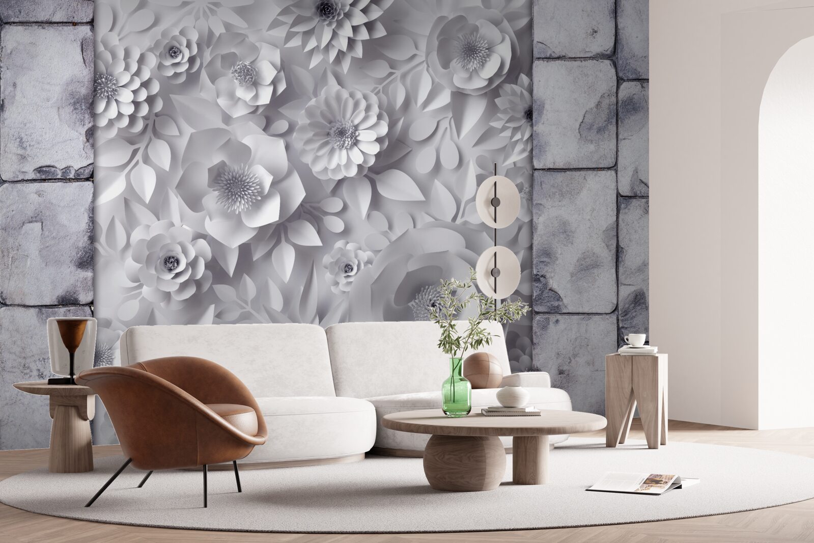 Carta da parati fiori tridimensionali multicolori su sfondo di mattoni