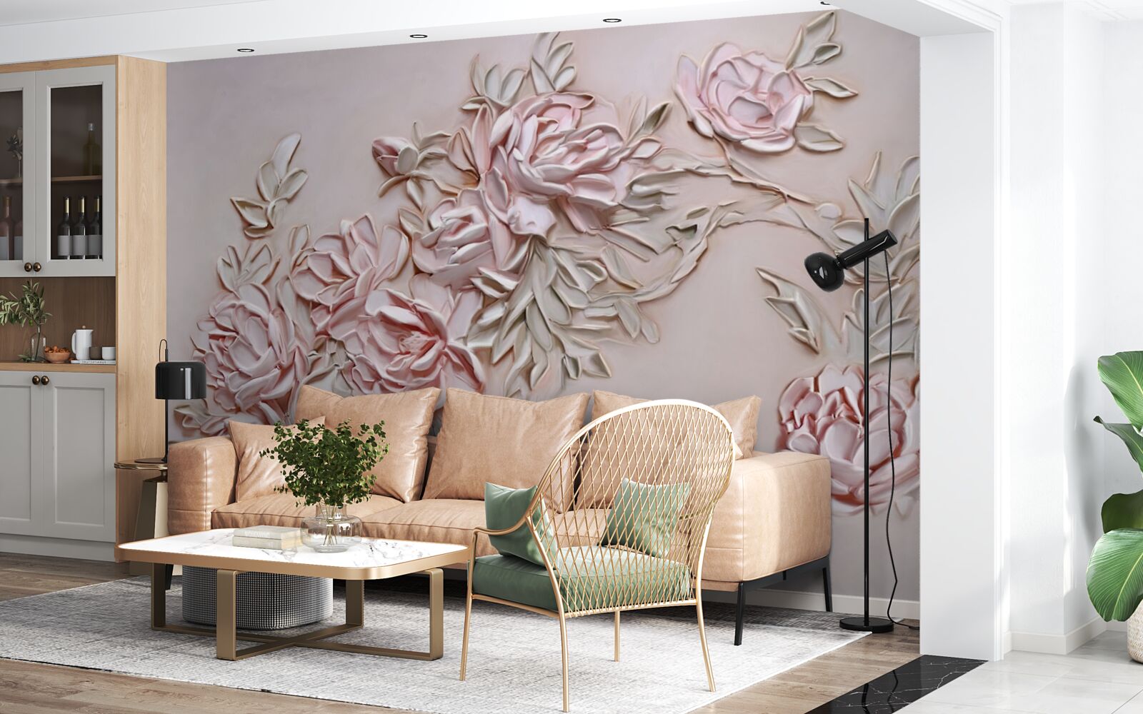 Carta da parati foglie verdi su un ramo di fiori rosa