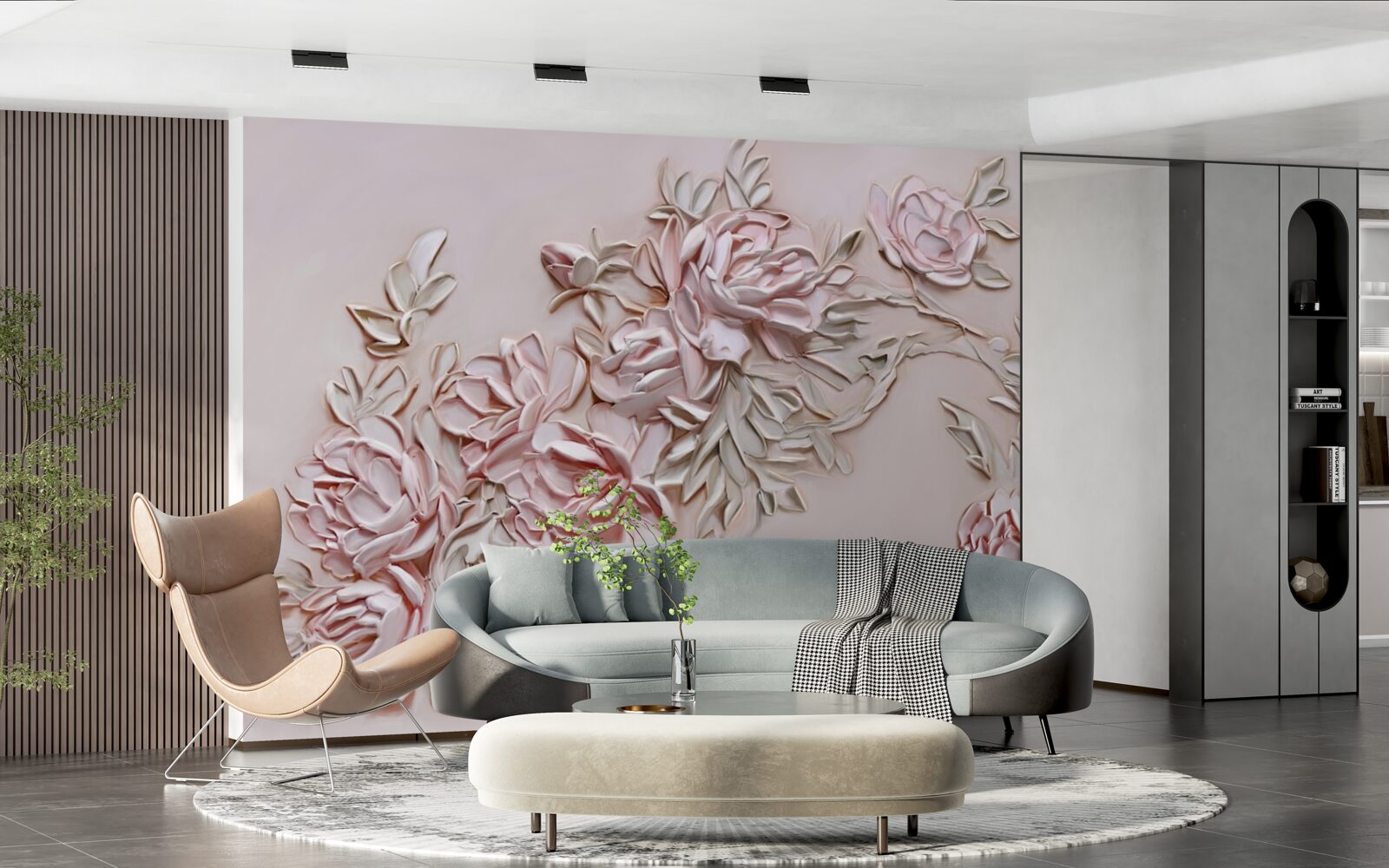 Carta da parati foglie verdi su un ramo di fiori rosa