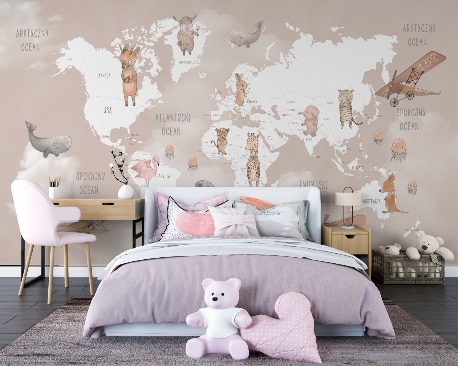 Carta da parati mappa del mondo con immagini di animali e aerei a elica