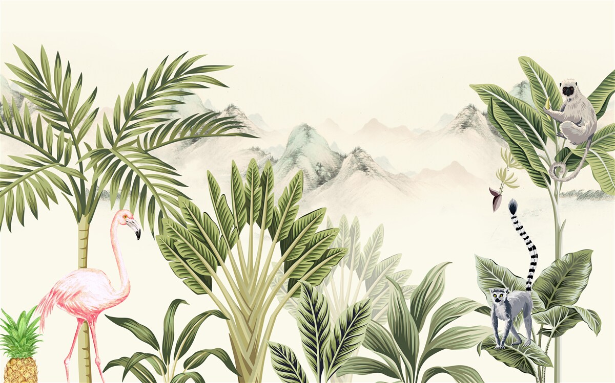 Carta da parati tropici esotici e fenicotteri rosa pastello