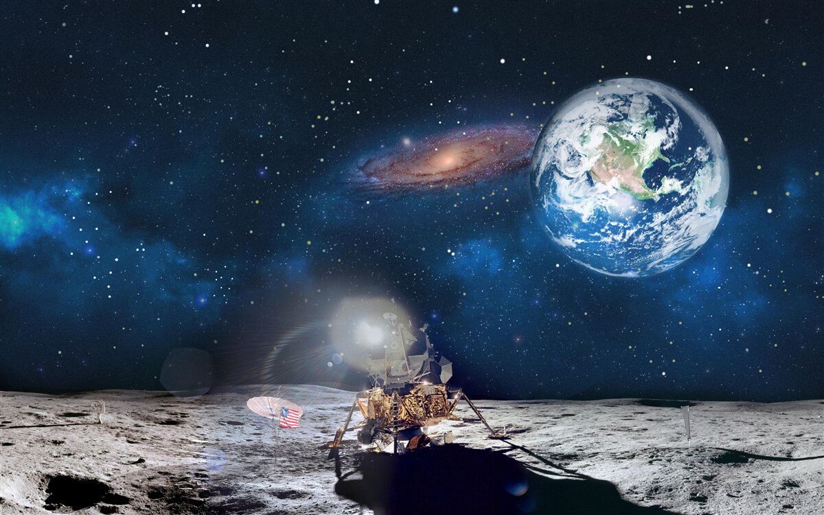 Carta da parati vista della terra dalla prospettiva cosmica della luna con elementi futuristici