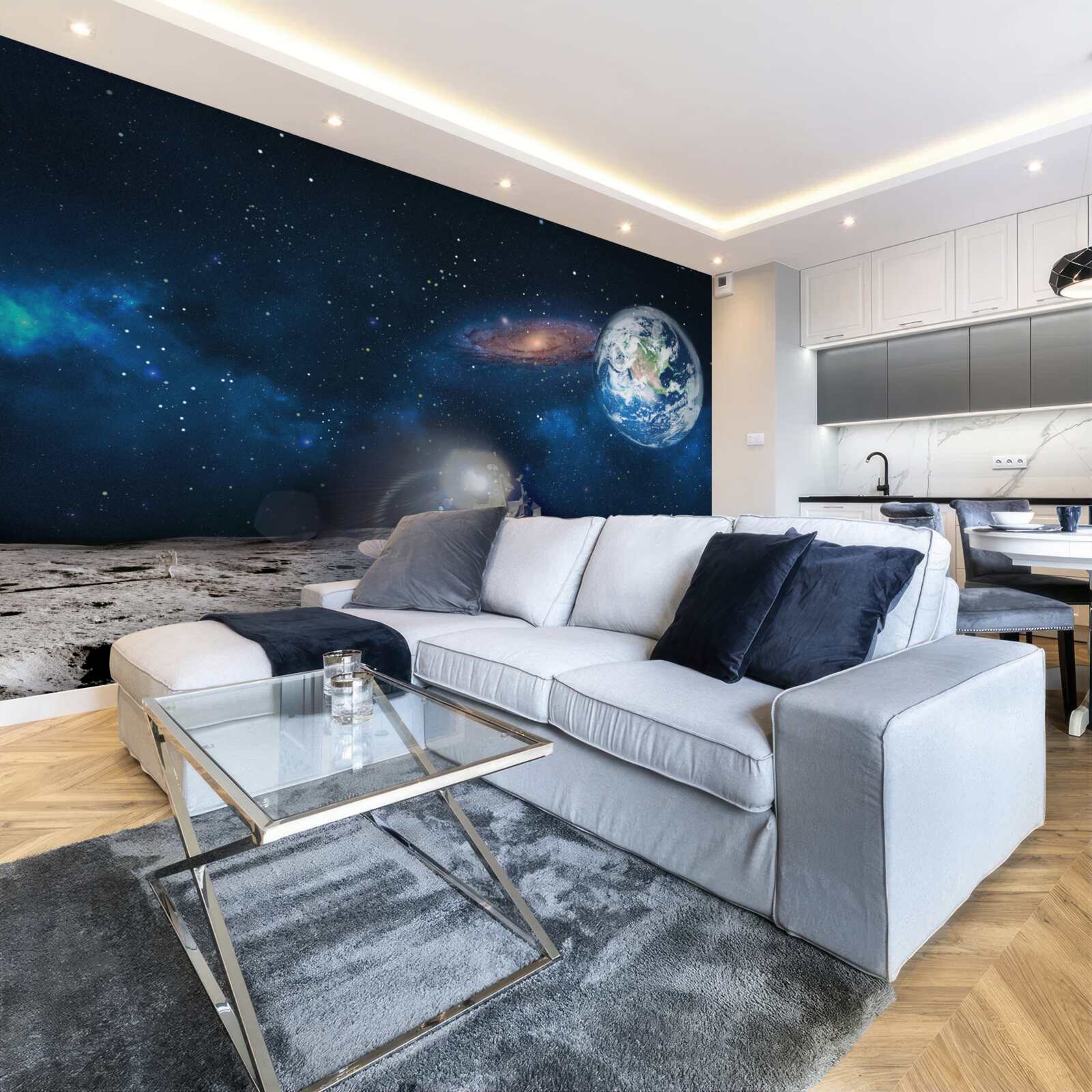 Carta da parati vista della terra dalla prospettiva cosmica della luna con elementi futuristici