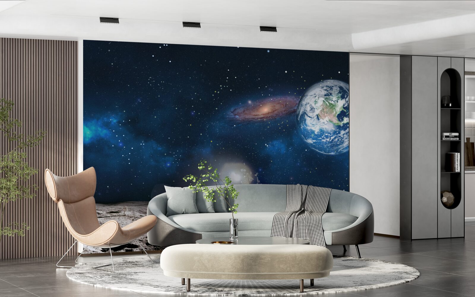 Carta da parati vista della terra dalla prospettiva cosmica della luna con elementi futuristici