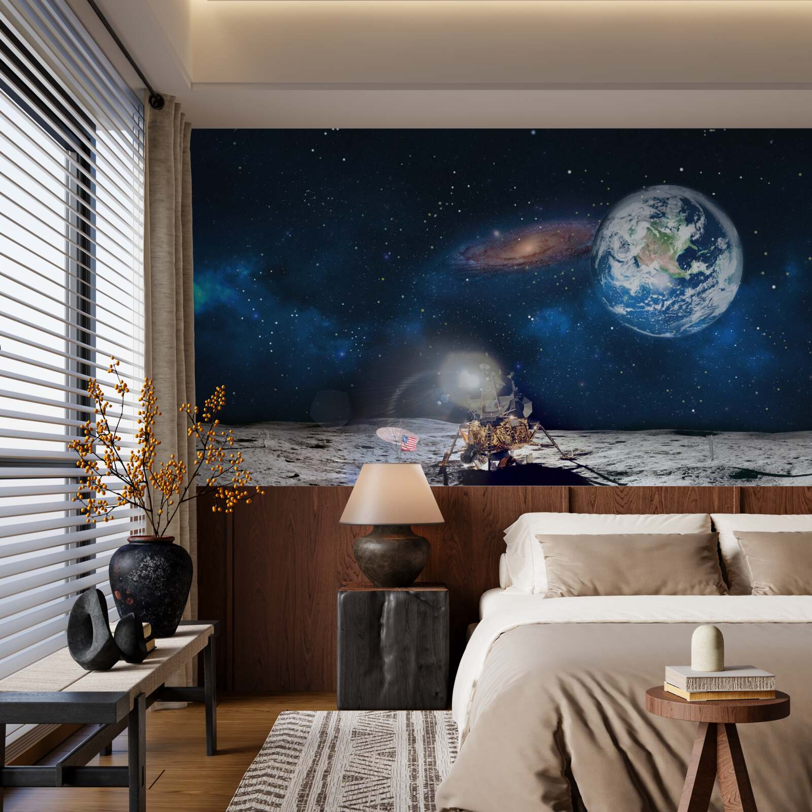 Carta da parati vista della terra dalla prospettiva cosmica della luna con elementi futuristici