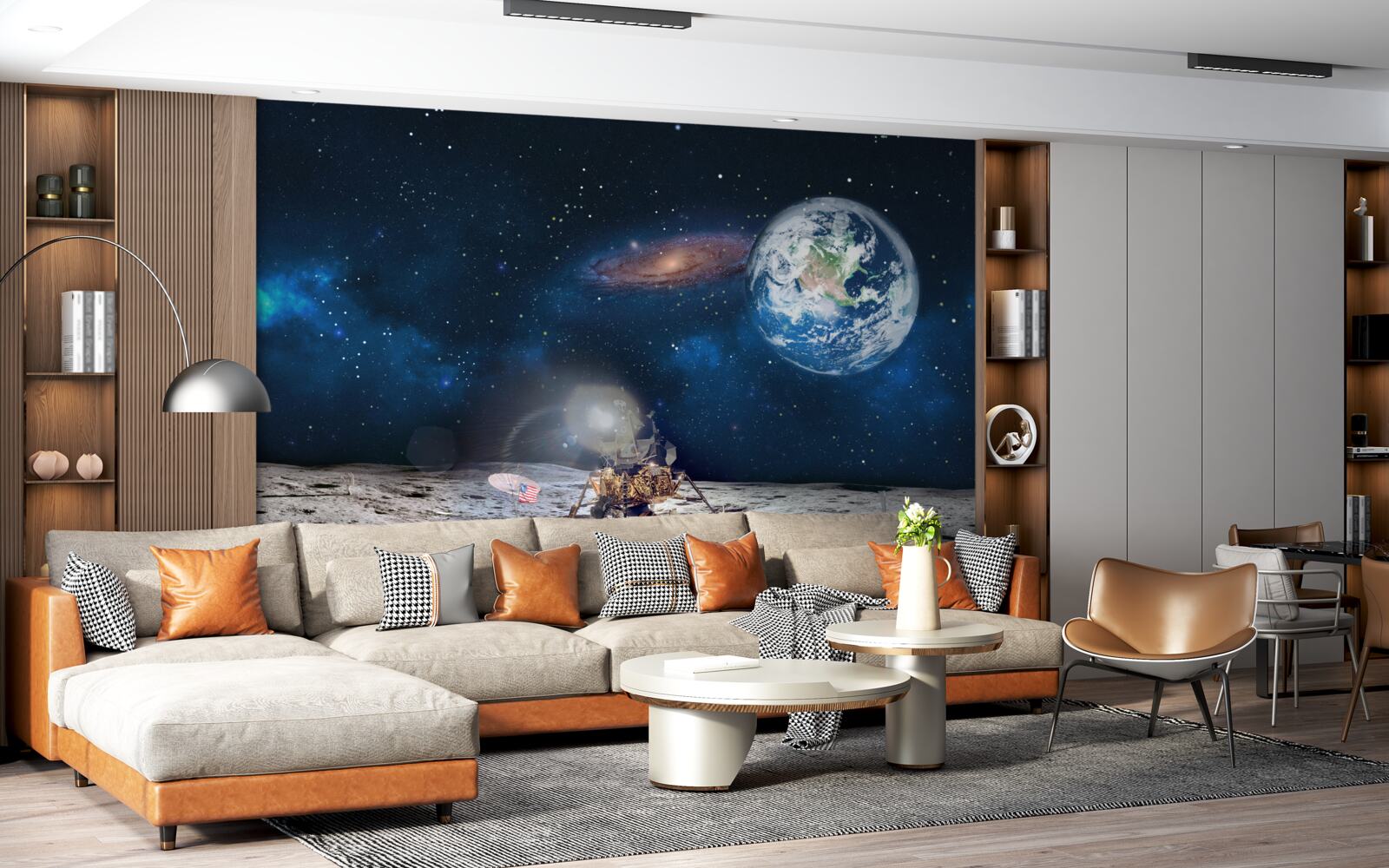 Carta da parati vista della terra dalla prospettiva cosmica della luna con elementi futuristici