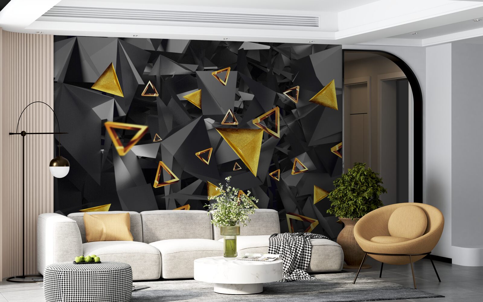 Carta da parati triangoli d'oro che si stagliano contro l'oscurità