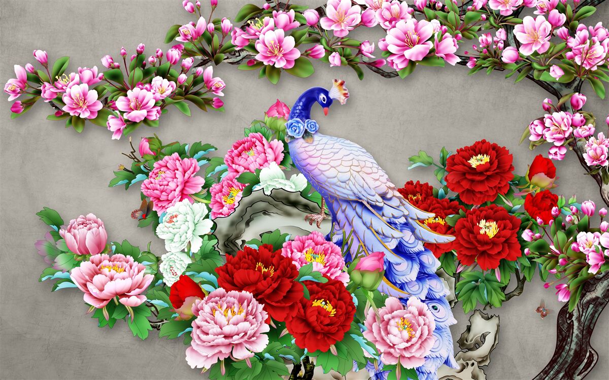 Carta da parati pavone dal bel piumaggio sui rami delle magnolie e delle rose in fiore