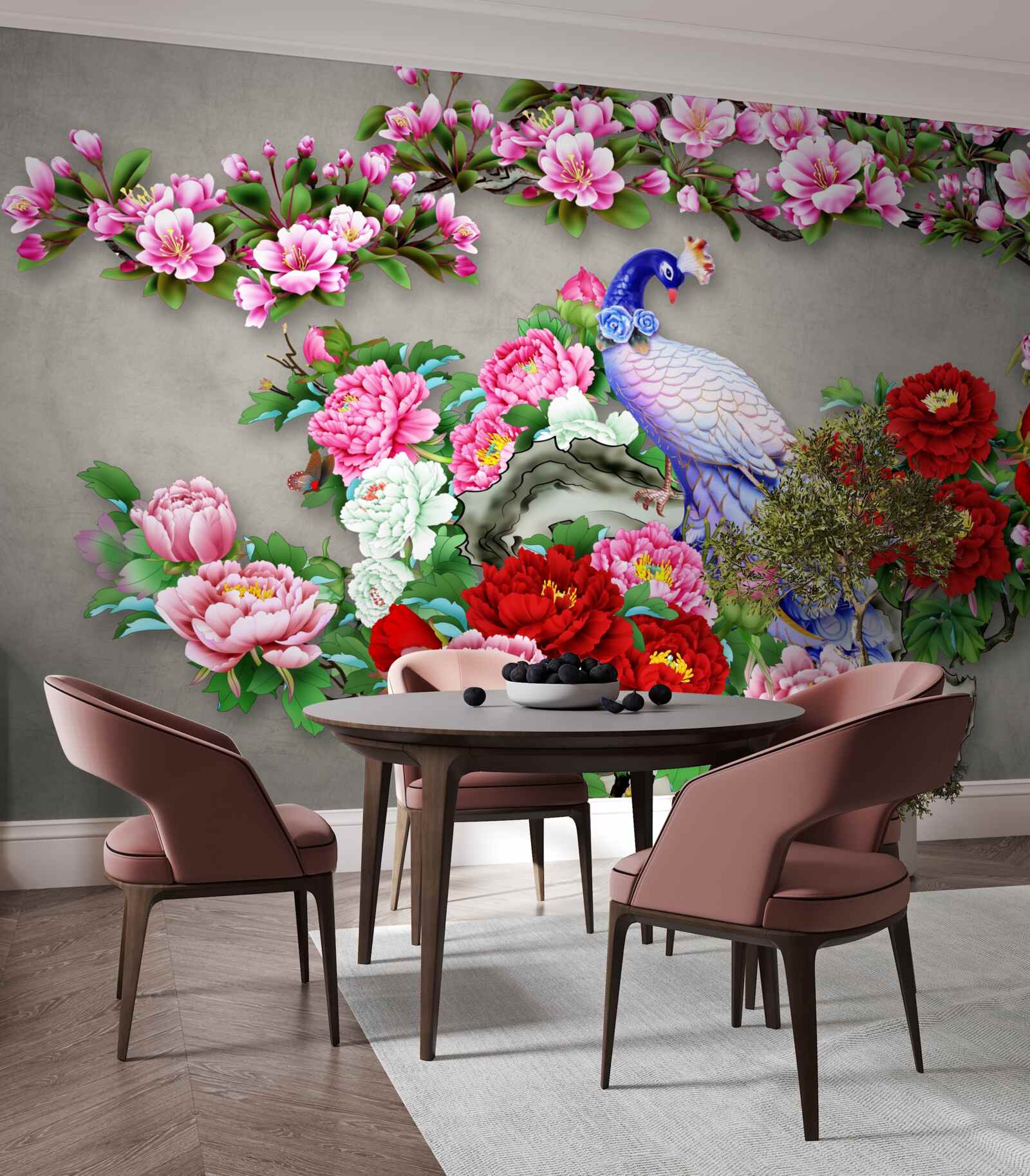 Carta da parati pavone dal bel piumaggio sui rami delle magnolie e delle rose in fiore
