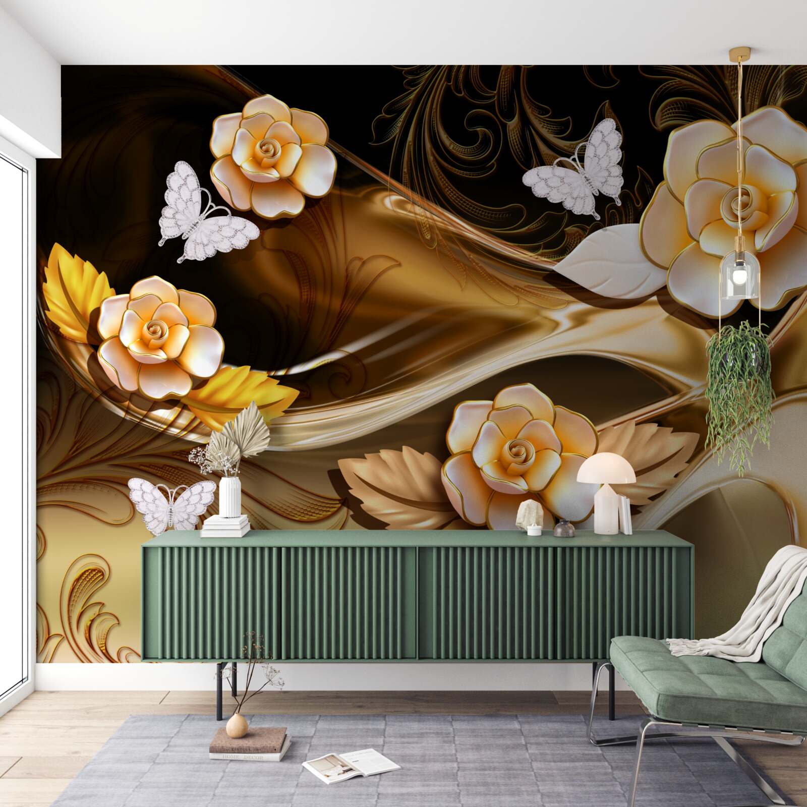 Carta da parati magnolie con fiori color crema su rami delicati