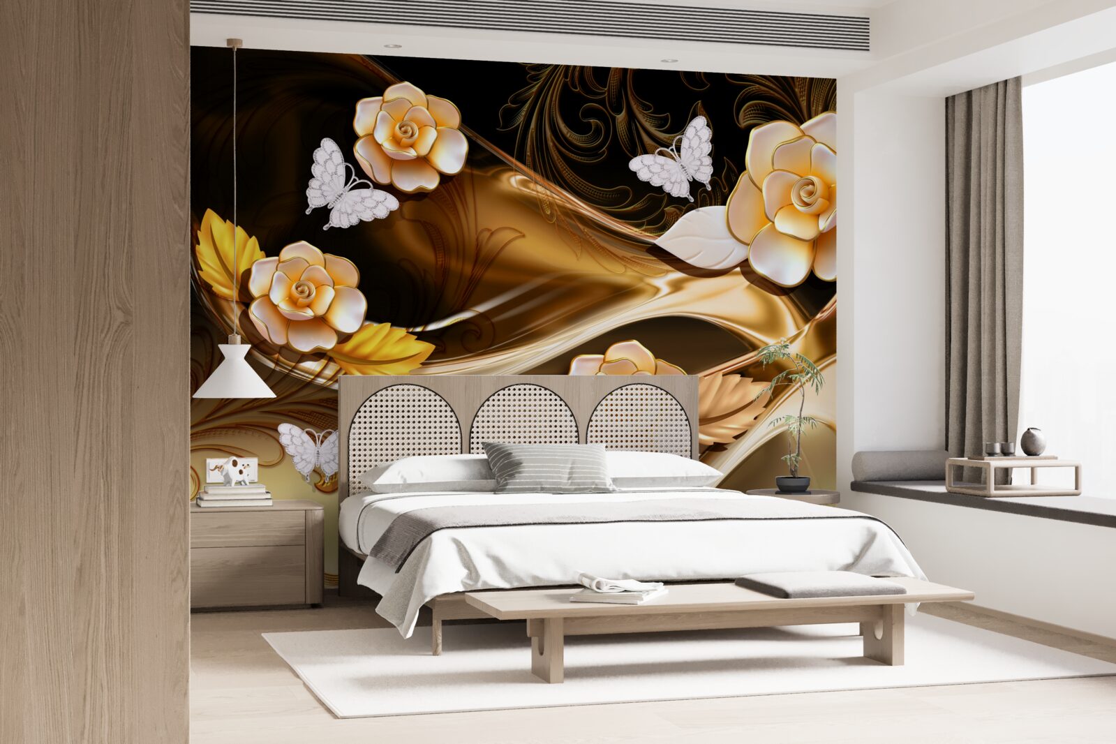 Carta da parati magnolie con fiori color crema su rami delicati