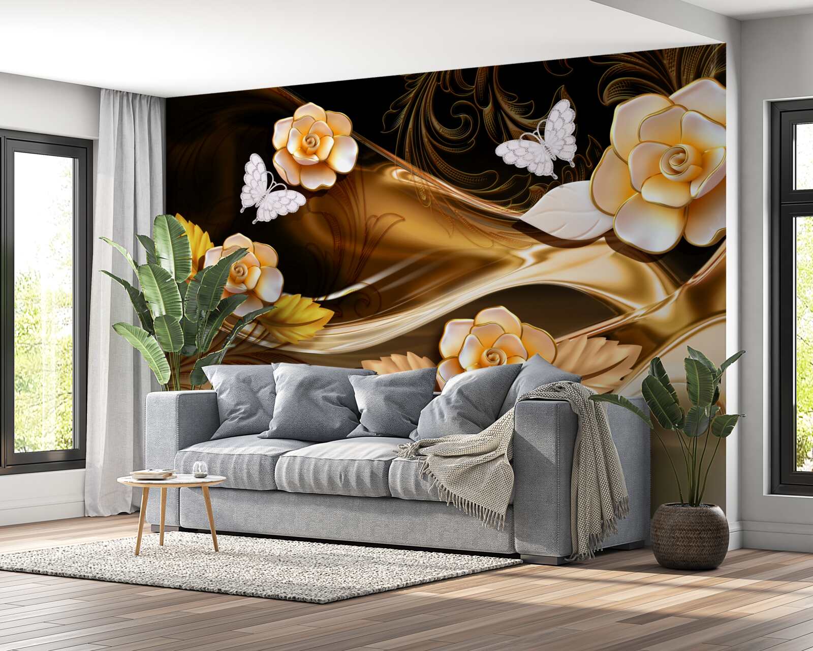 Carta da parati magnolie con fiori color crema su rami delicati
