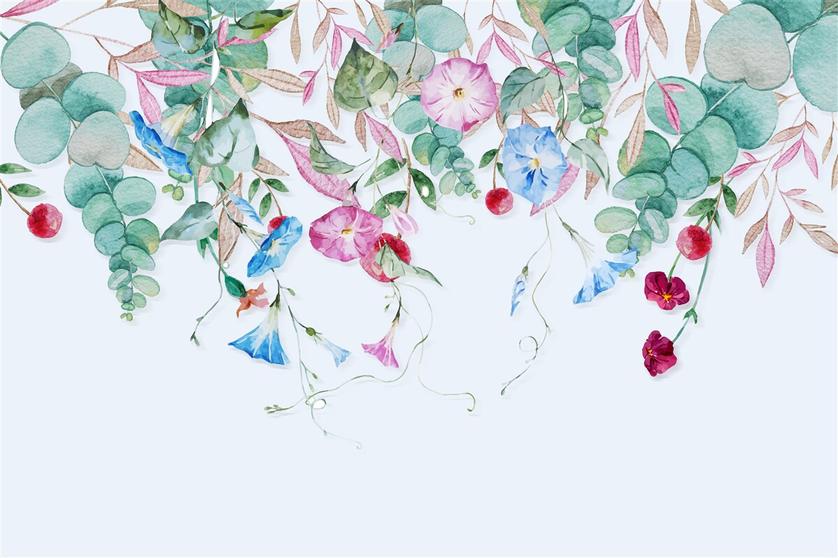 Carta da parati verde multicolore appeso, pieno di fiori