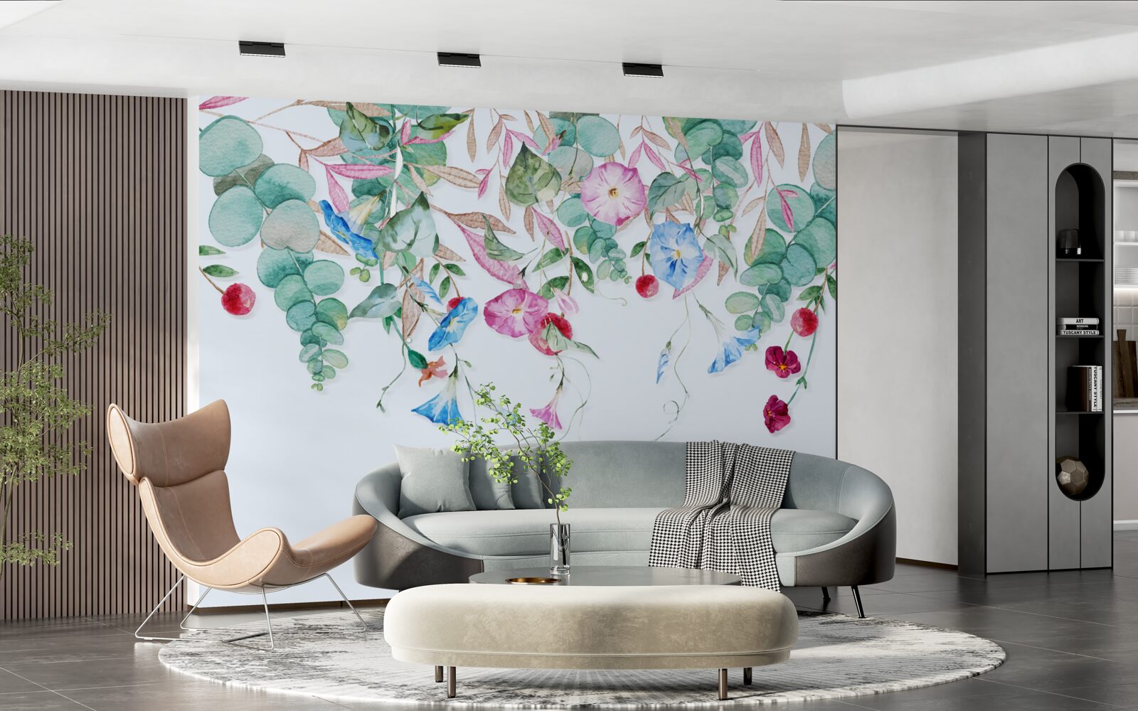 Carta da parati verde multicolore appeso, pieno di fiori