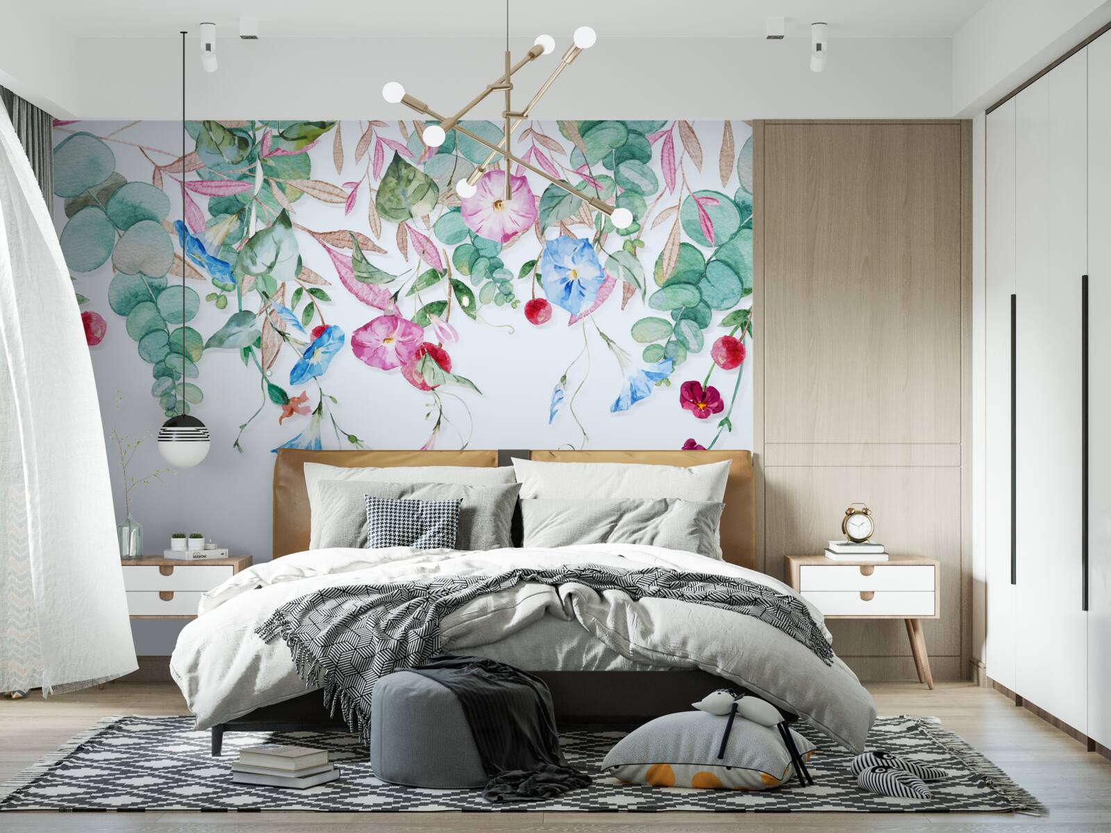 Carta da parati verde multicolore appeso, pieno di fiori