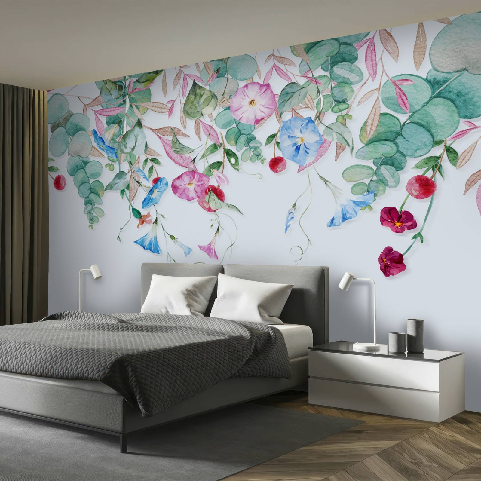 Carta da parati verde multicolore appeso, pieno di fiori