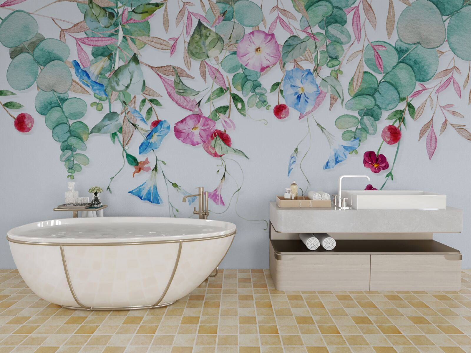 Carta da parati verde multicolore appeso, pieno di fiori