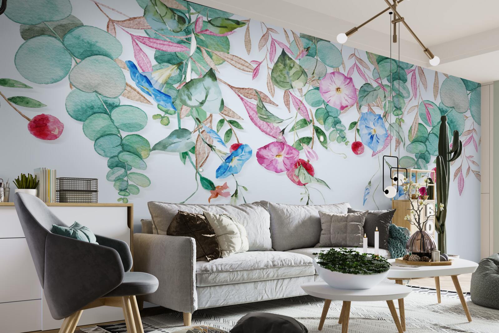 Carta da parati verde multicolore appeso, pieno di fiori