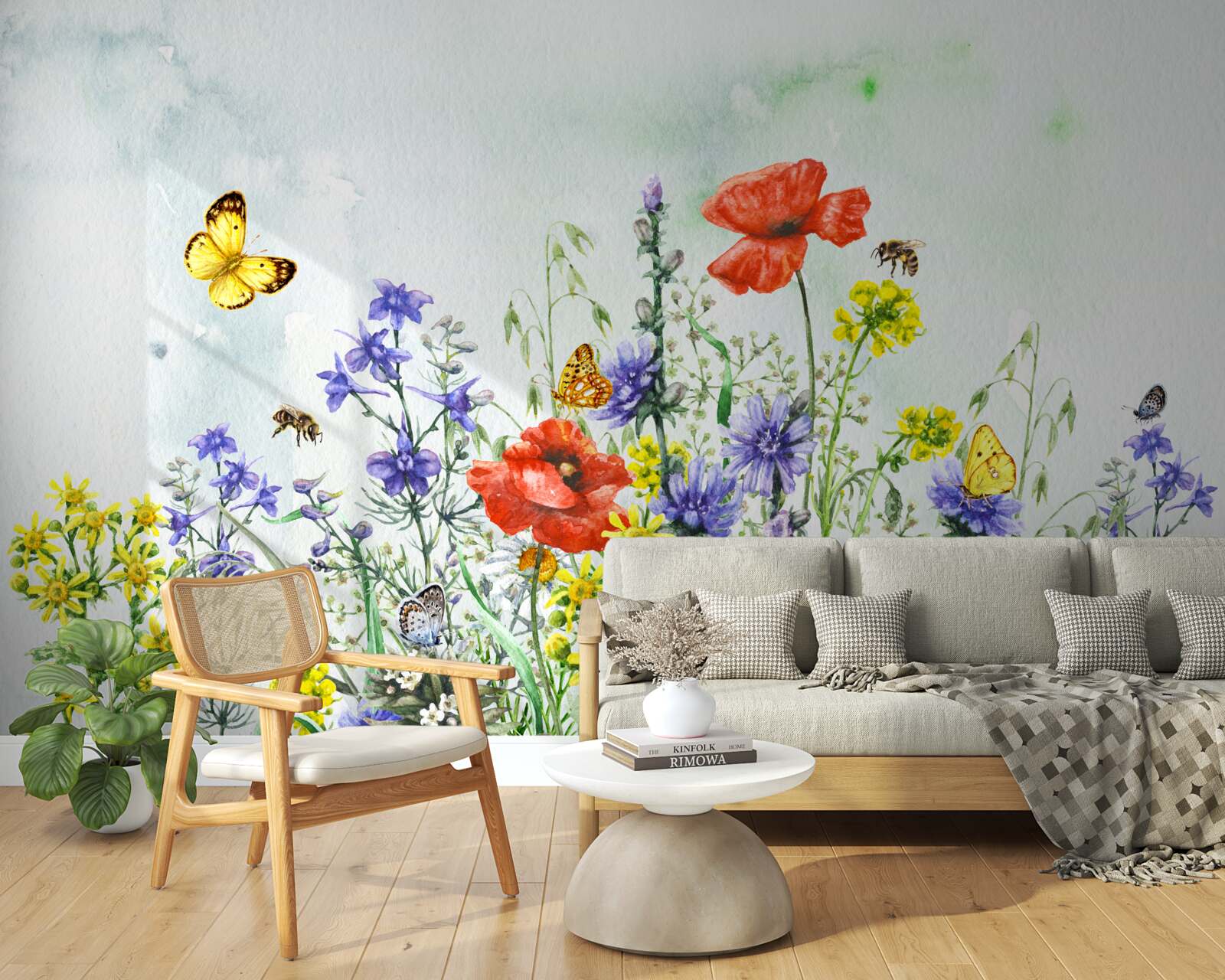 Carta da parati Farfalle e fiori di campo spettacolari in estate