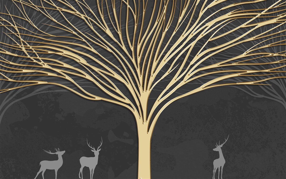 Carta da parati un branco di cervi e un albero d'oro
