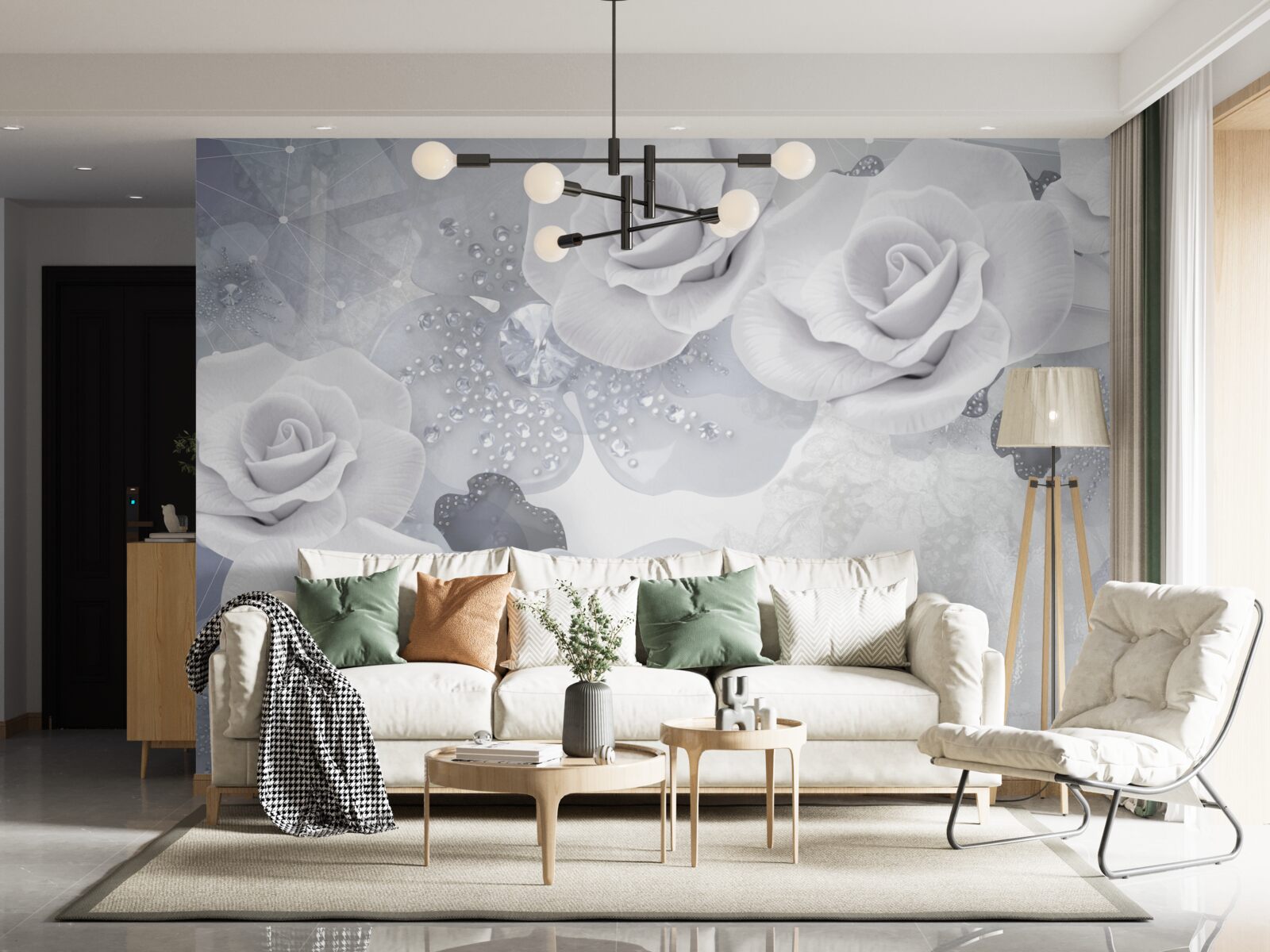 Carta da parati set di fiori bianchi su sfondo blu