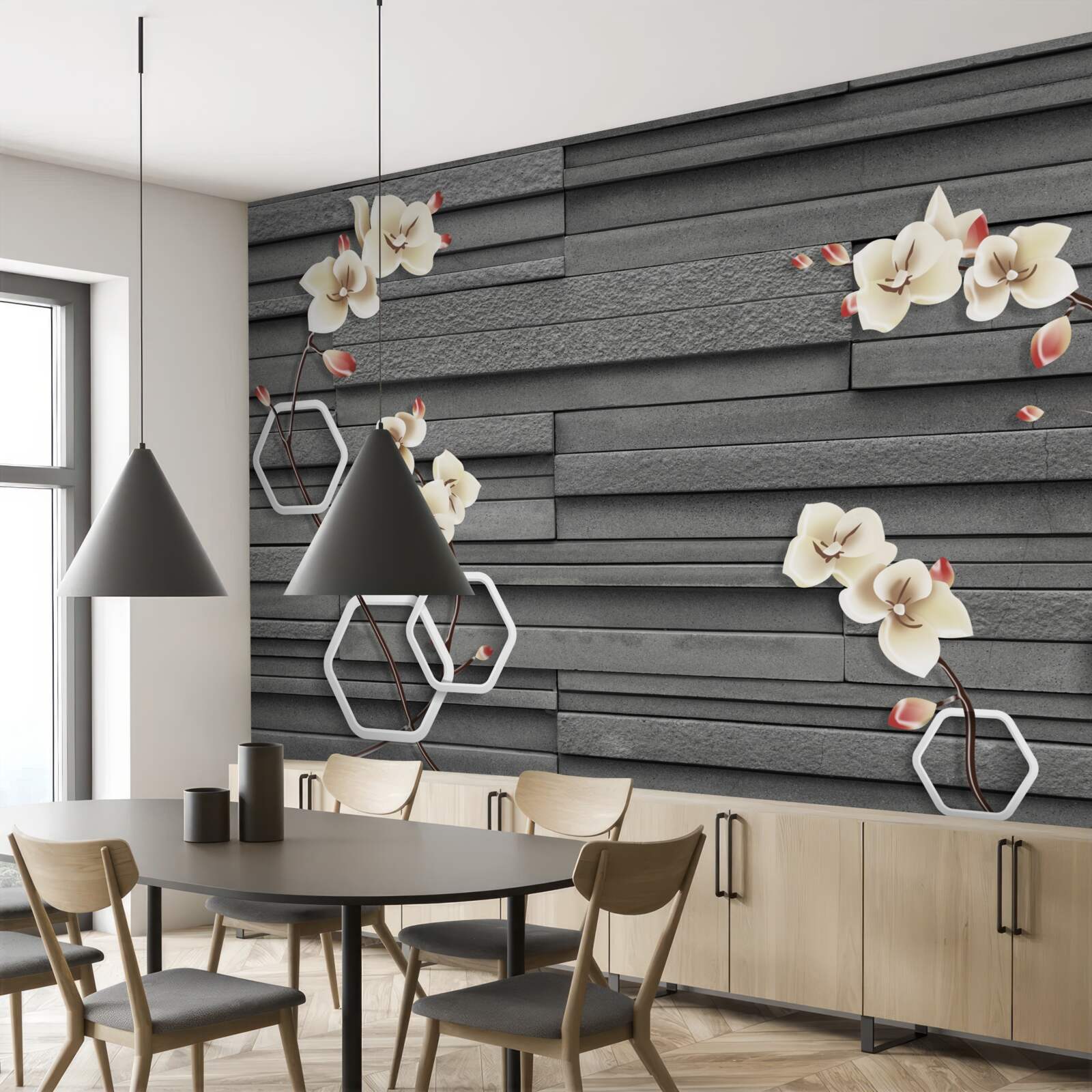 Carta da parati muro di pietra nera decorato con fiori bianchi