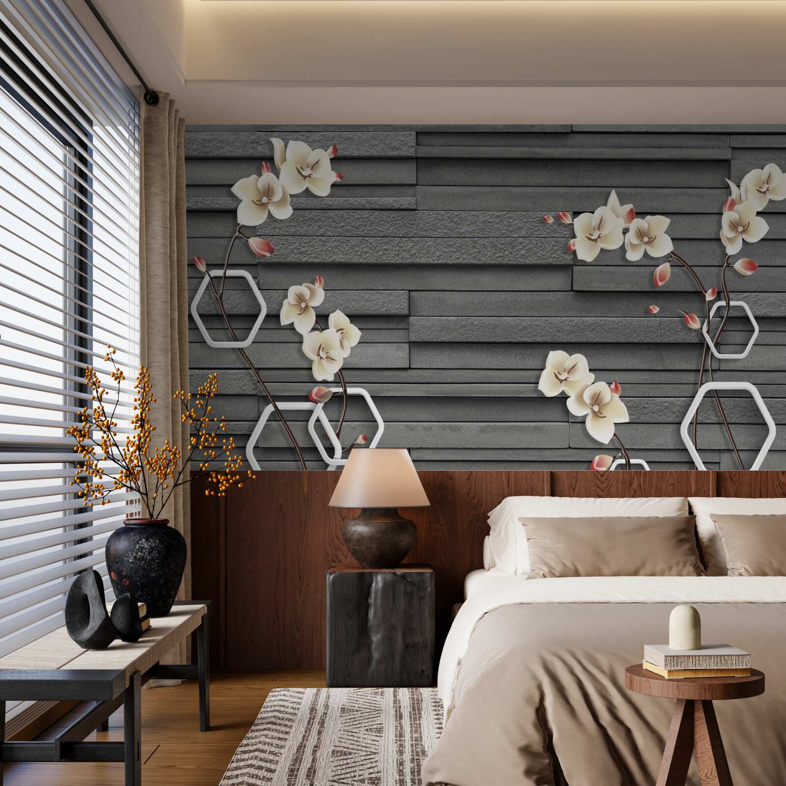 Carta da parati muro di pietra nera decorato con fiori bianchi