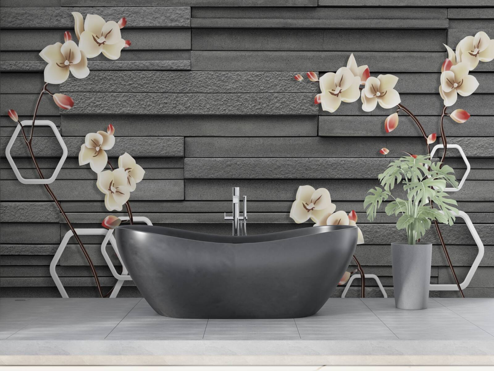 Carta da parati muro di pietra nera decorato con fiori bianchi