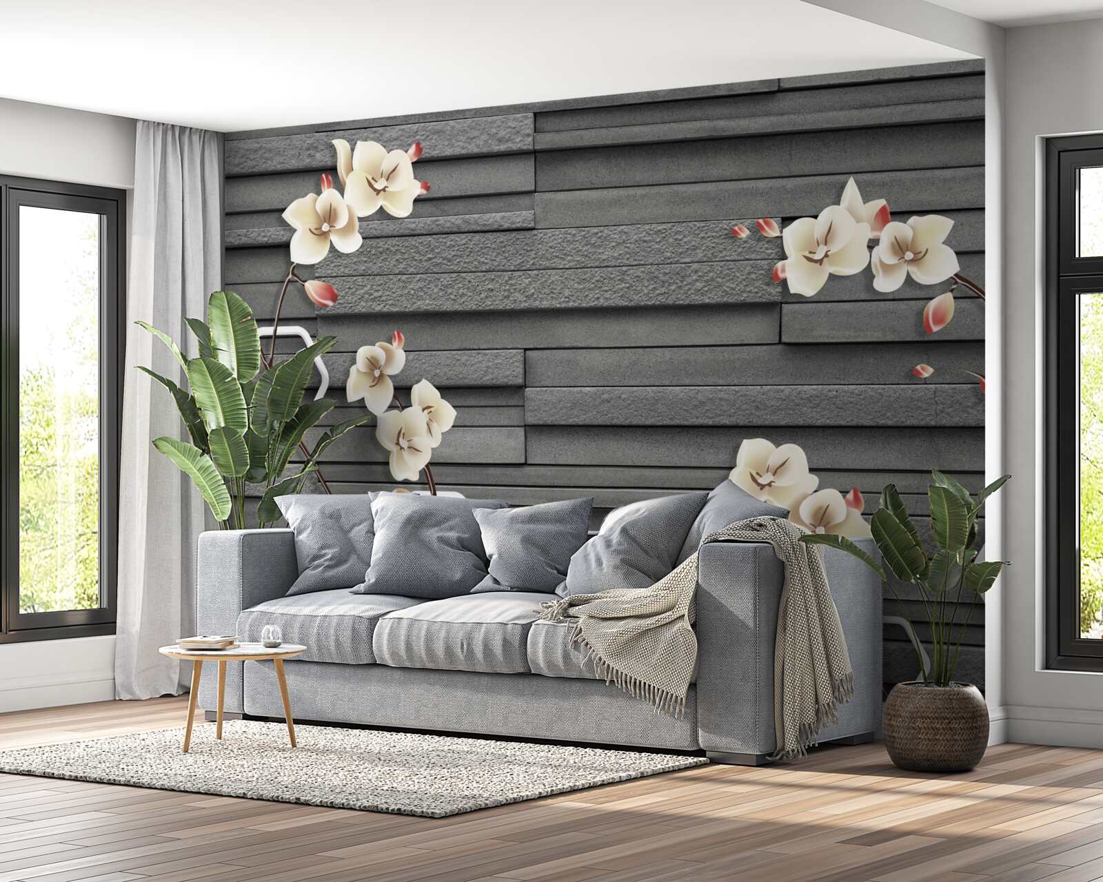 Carta da parati muro di pietra nera decorato con fiori bianchi