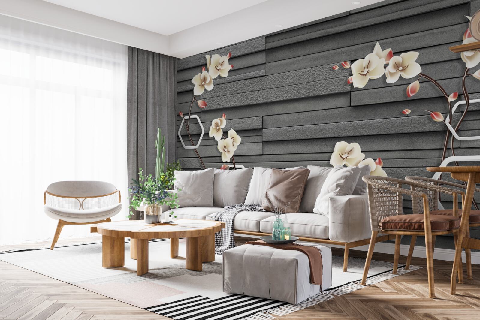 Carta da parati muro di pietra nera decorato con fiori bianchi