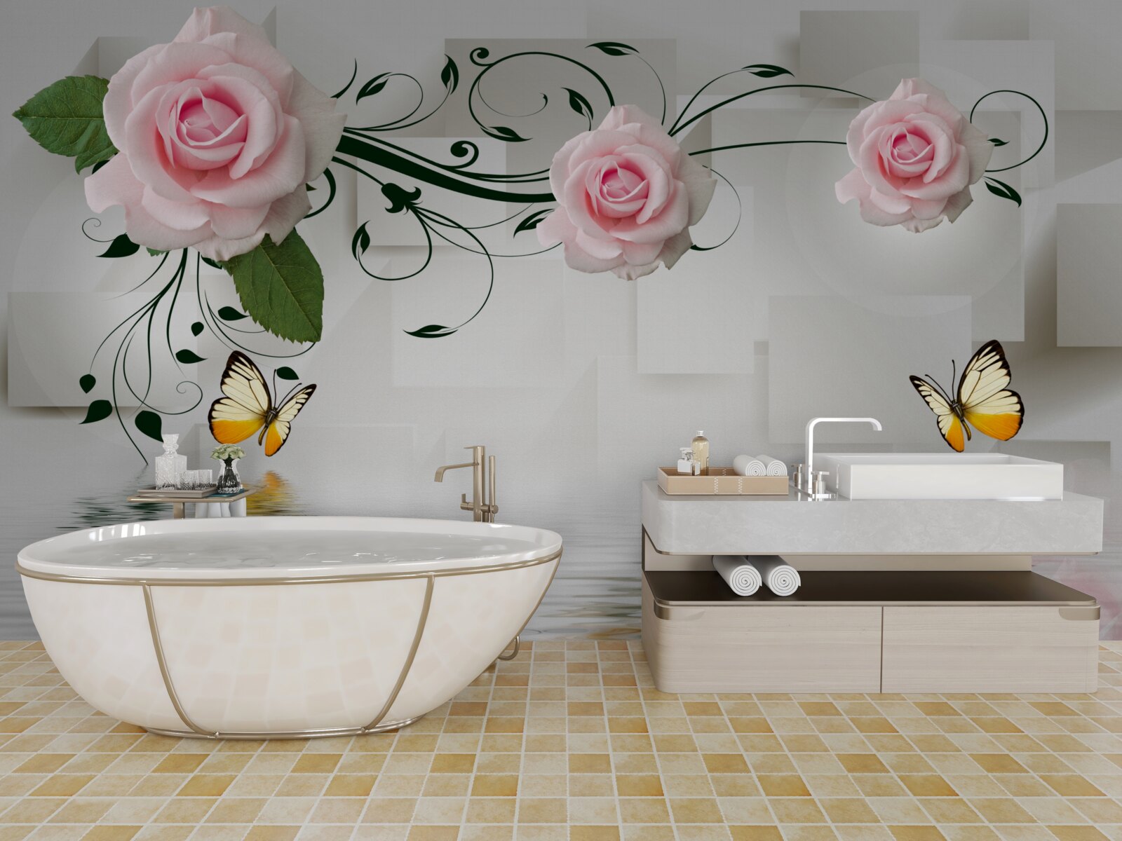 Carta da parati farfalle sull'acqua vicino a un ramo di rosa dalla delicata tonalità rosa