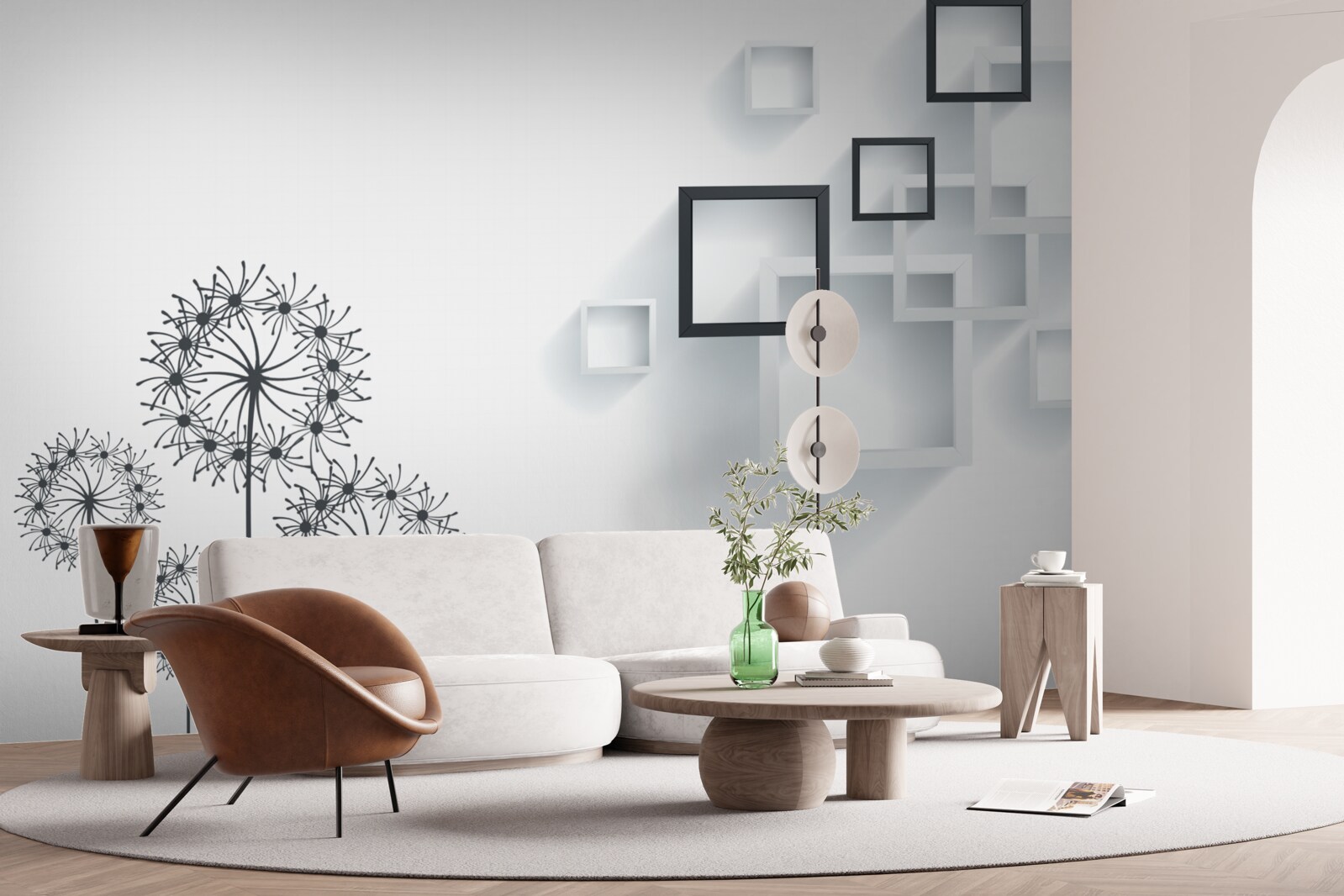 Carta da parati forme geometriche su sfondo bianco con millefoglie