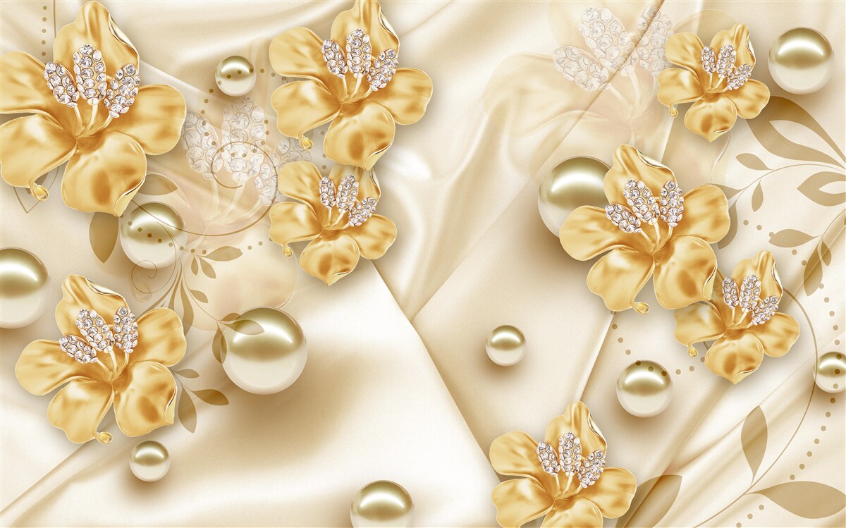 Carta da parati il tessuto di seta è decorato con fiori d'oro e perle