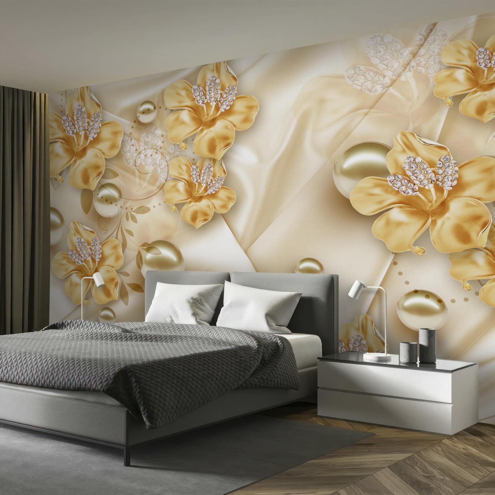 Carta da parati il tessuto di seta è decorato con fiori d'oro e perle