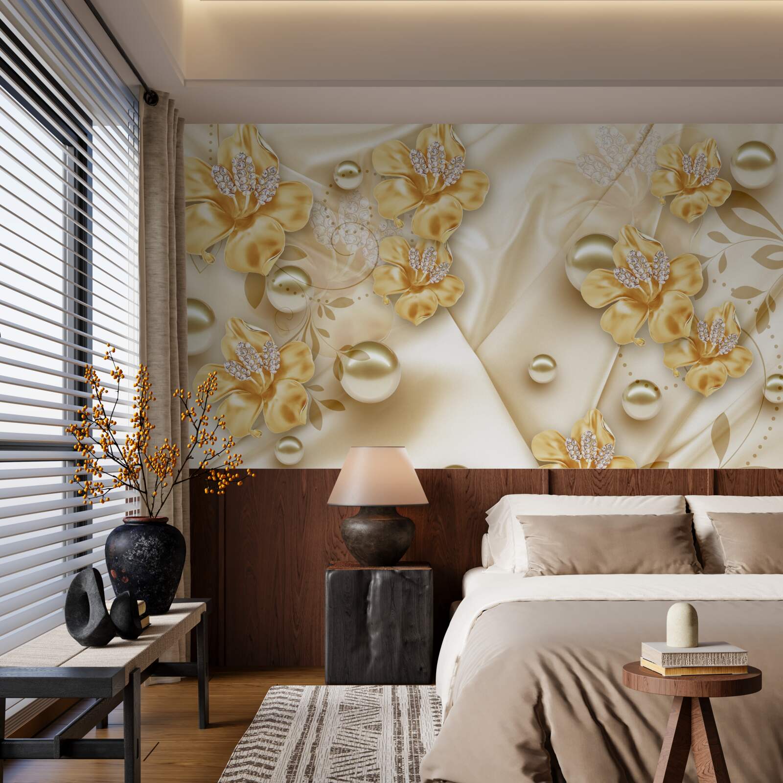 Carta da parati il tessuto di seta è decorato con fiori d'oro e perle