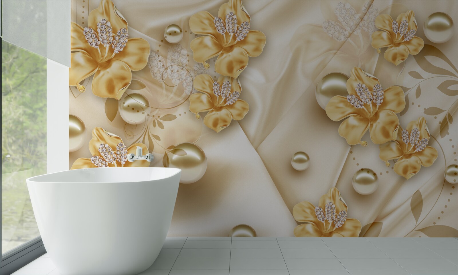 Carta da parati il tessuto di seta è decorato con fiori d'oro e perle