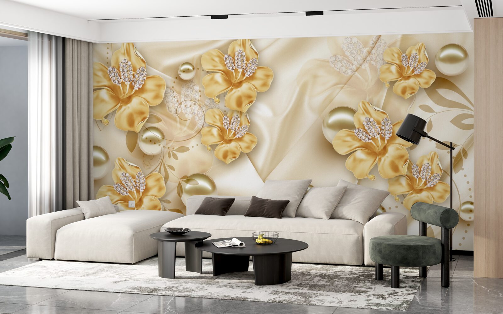 Carta da parati il tessuto di seta è decorato con fiori d'oro e perle