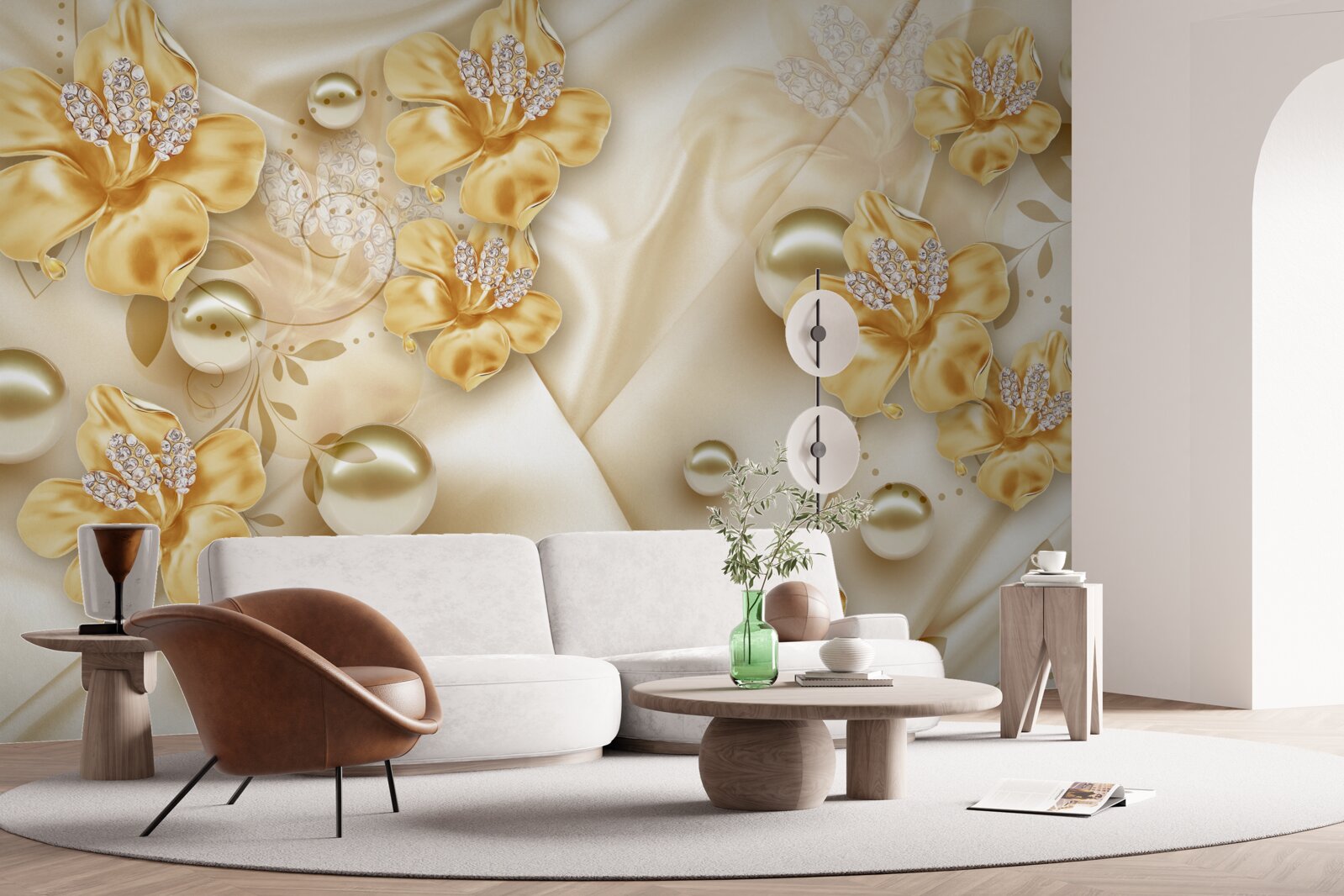 Carta da parati il tessuto di seta è decorato con fiori d'oro e perle